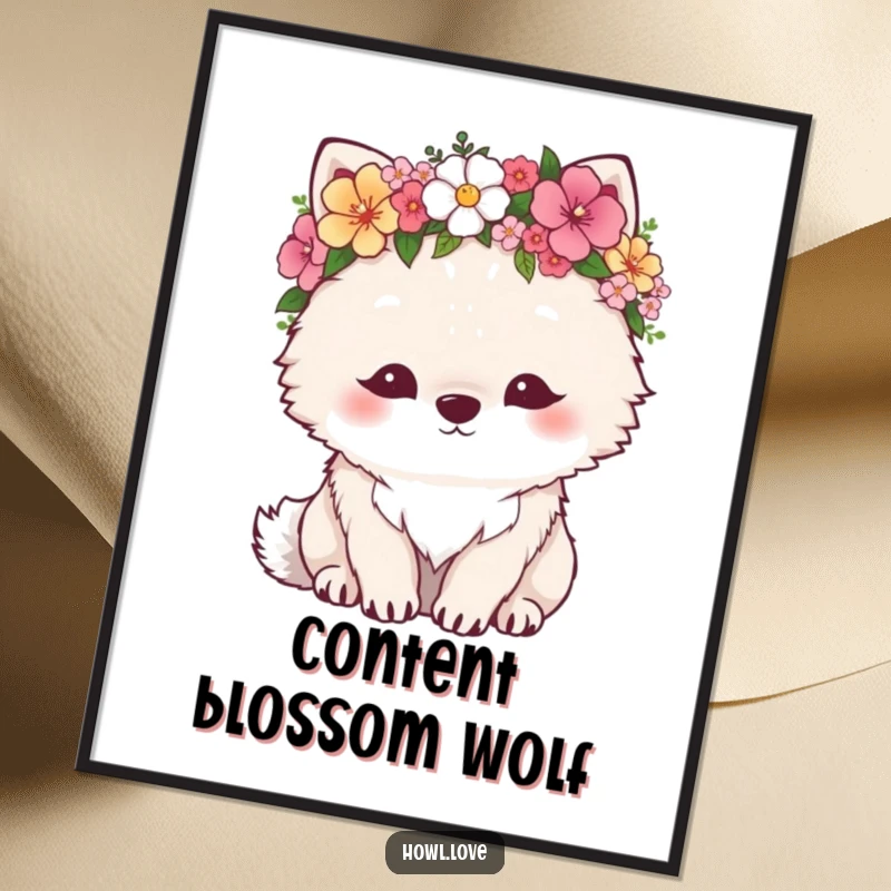 Funny digital art print of a fluffy wolf wearing a flower crown, looking content. Captures natural beauty and peace.