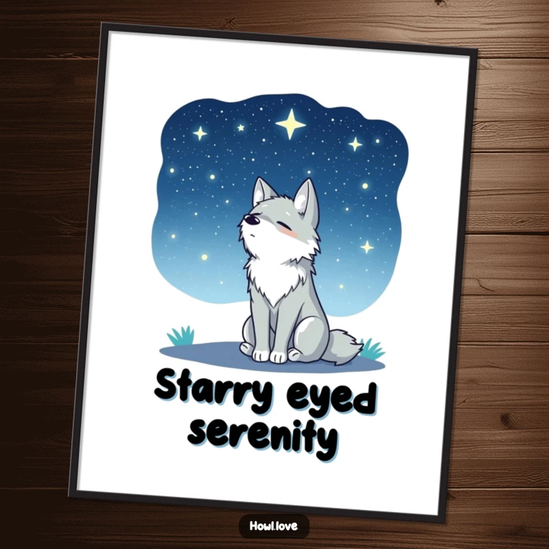 Funny digital art print of a wolf sitting peacefully, gazing at a vast and beautiful starry night sky. Serene and awe-inspiring.