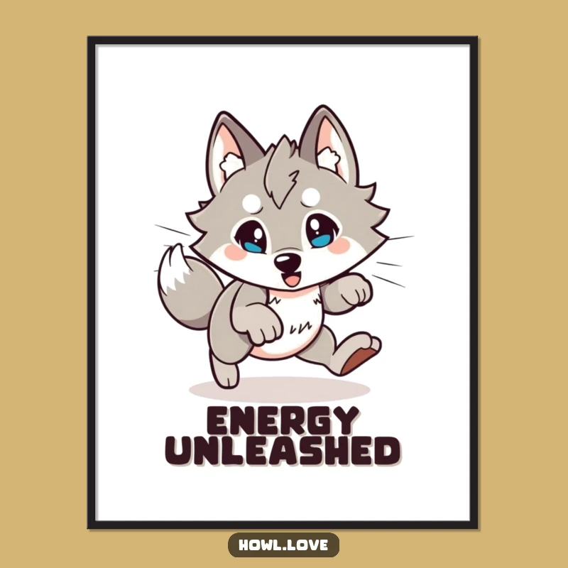 Funny Pouncing Wolf Digital Art: Energetic & Playful Wall Decor Print