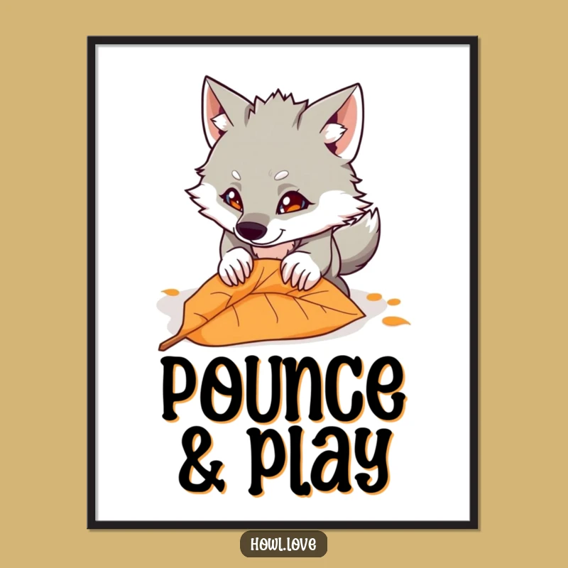 Funny Wolf Pouncing Leaf Digital Art - Printable Humor for Walls