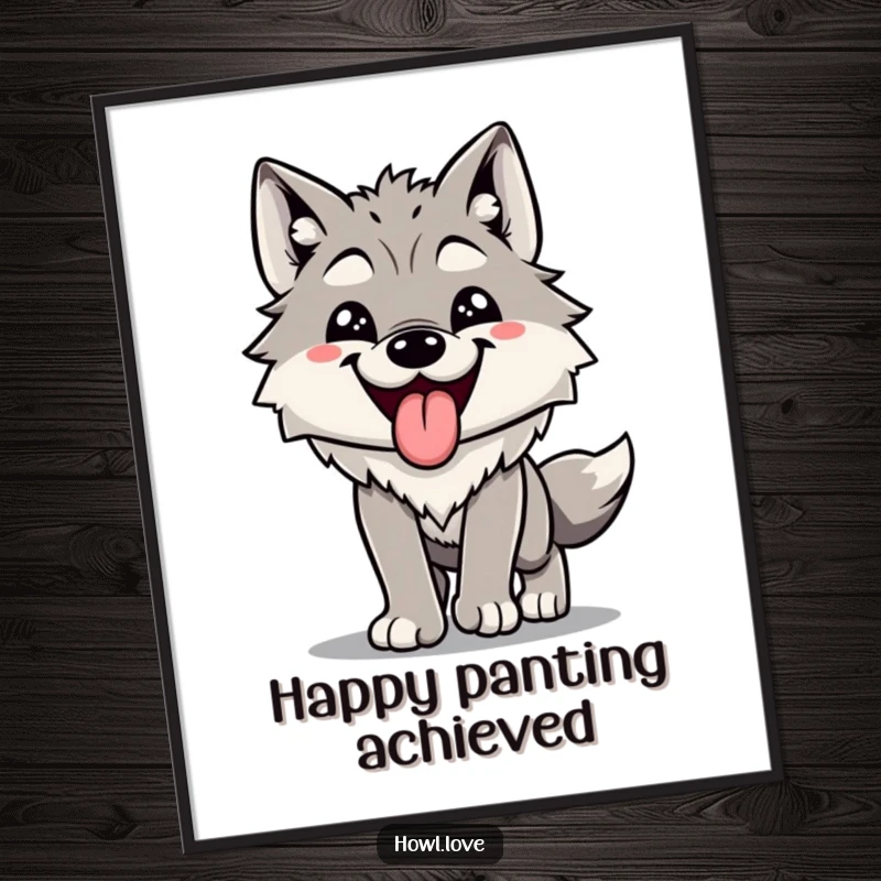Funny digital art print of a wolf with its tongue out, panting happily after a run. Captures the joy of movement.