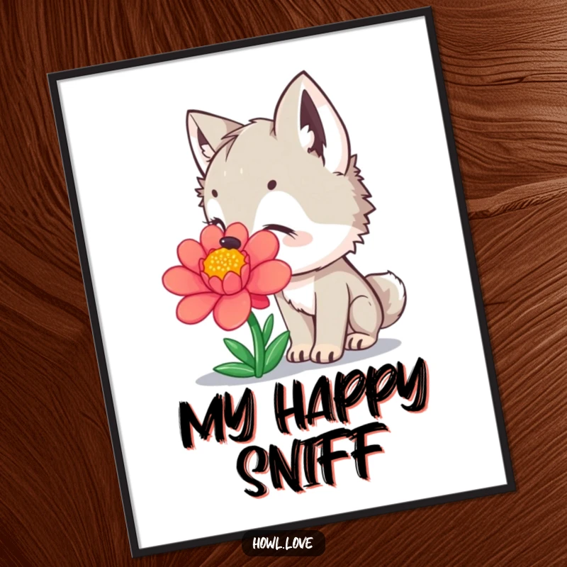 Funny Digital Art Print of a curious wolf cub sniffing a colorful flower with delight, perfect for instant humorous decor.