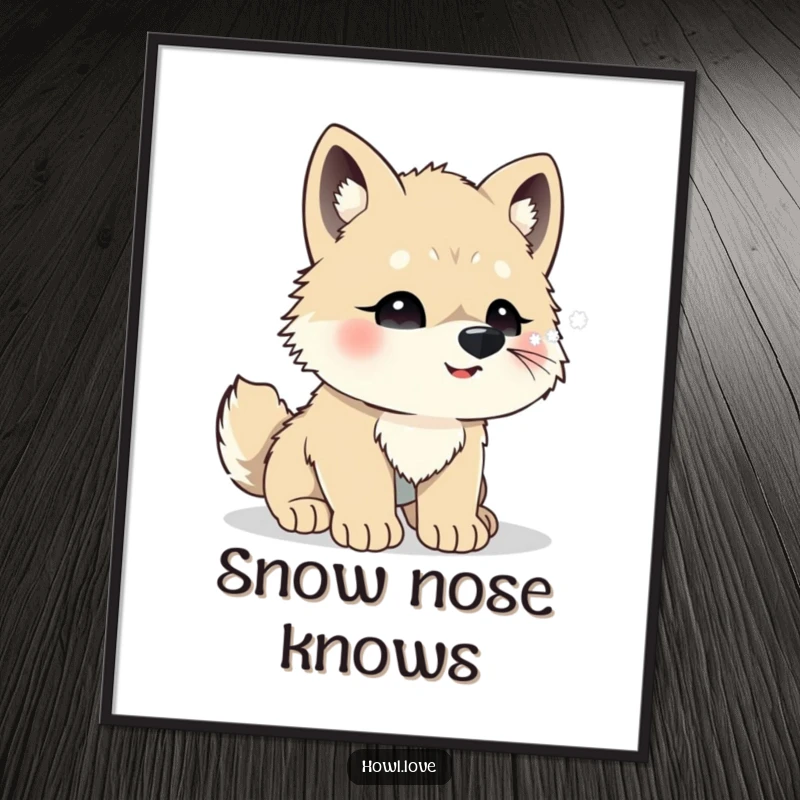 Funny digital art print of a cute wolf cub excitedly catching snowflakes on its nose. Captures winter's playful magic.