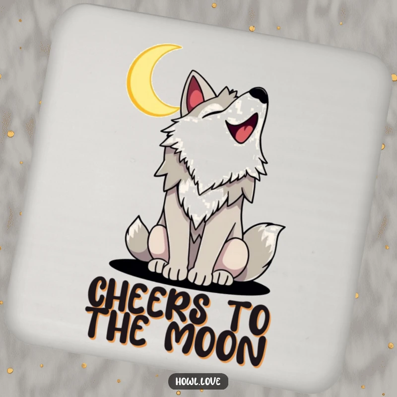 Funny drink coasters featuring a joyful wolf with a wide smile, howling at a crescent moon, offering humorous protection for tables.