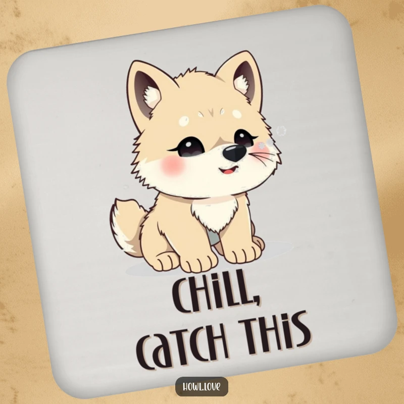 Funny drink coaster featuring a cute wolf cub trying to catch snowflakes on its nose. Protects surfaces with charm.