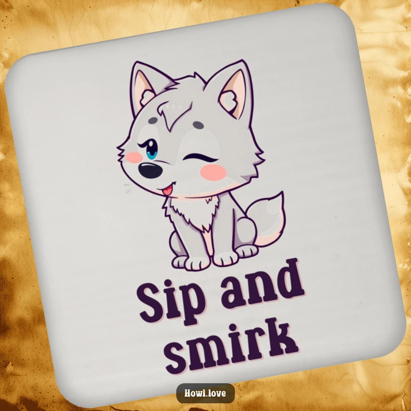 Funny drink coasters featuring a wolf character with playful curves, tilting its head in amusement, offering humorous protection for tables.
