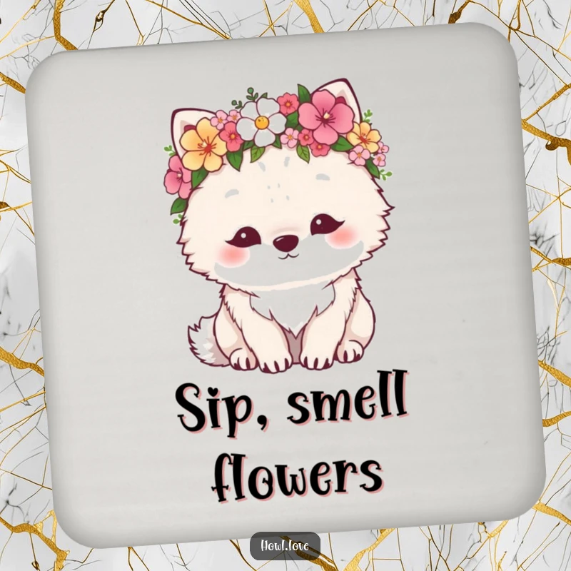 Funny drink coaster featuring a fluffy wolf wearing a flower crown, looking content. Protects surfaces with charm.