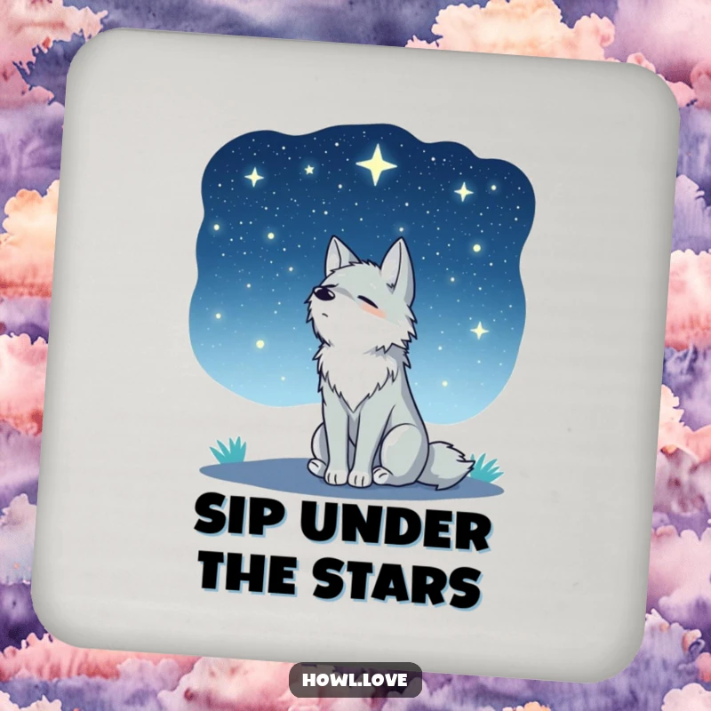 Funny drink coaster featuring a wolf peacefully gazing at a starry night sky. Protects surfaces with celestial charm.