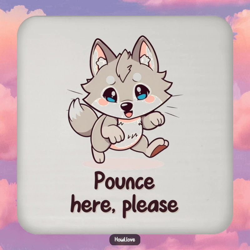 Funny Wolf Coaster: An energetic wolf character in a playful pounce, protecting surfaces with style and humor.
