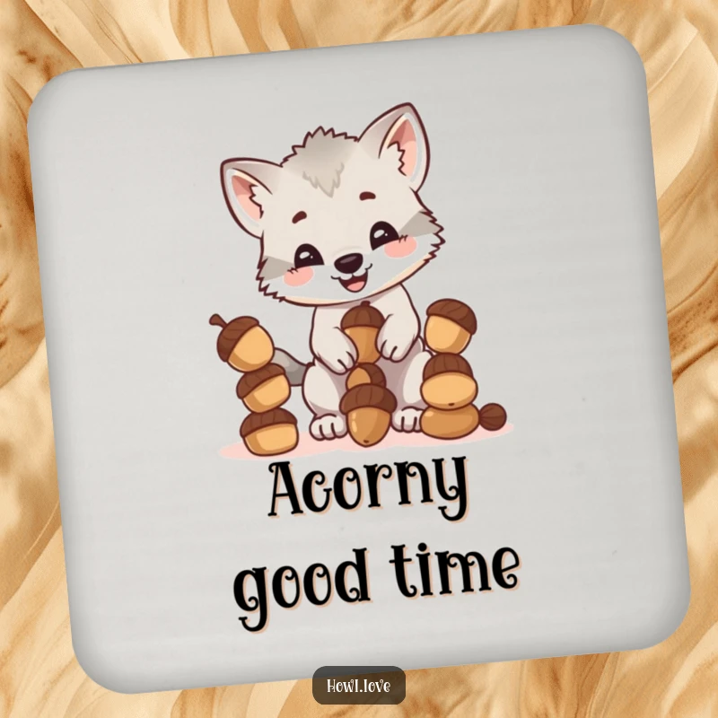 Funny drink coaster with a happy wolf cub cub balancing a stack of acorns, a humorous and protective accessory.