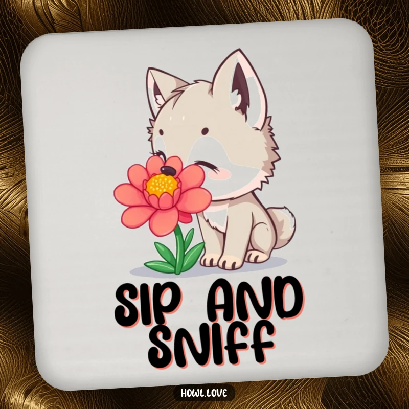 Funny Coaster Set with a curious wolf cub sniffing a colorful flower, offering humorous surface protection.