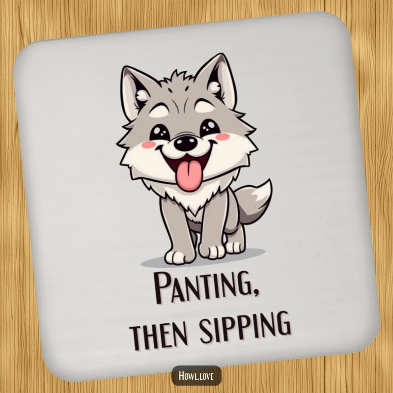 Funny drink coaster featuring a wolf with its tongue out, panting happily after a run. Protects surfaces with a smile.