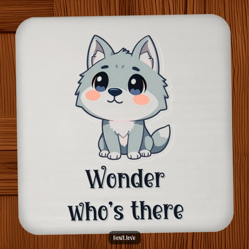 Funny drink coasters featuring a stylized wolf with curious dot eyes looking upwards, offering humorous protection for tables.