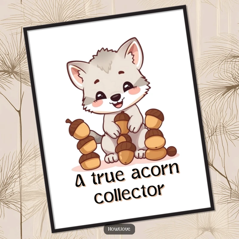 Funny poster illustration of a happy wolf cub cub balancing a tall stack of acorns, conveying a sense of playful struggle.