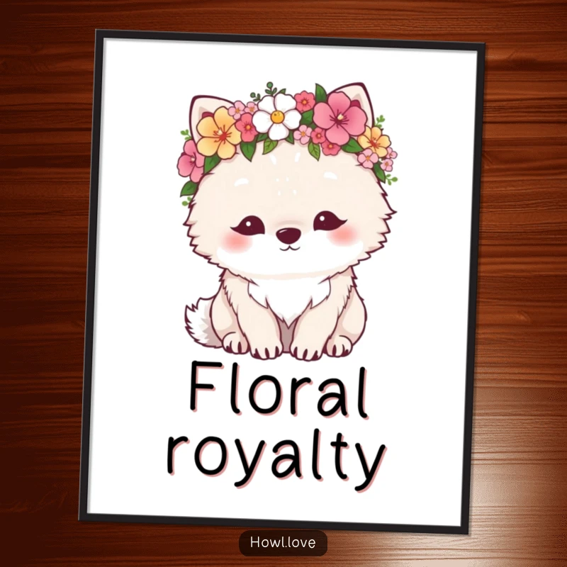 Funny poster art of a fluffy wolf wearing a lush flower crown, looking down with a peaceful, content expression. Whimsical and beautiful.