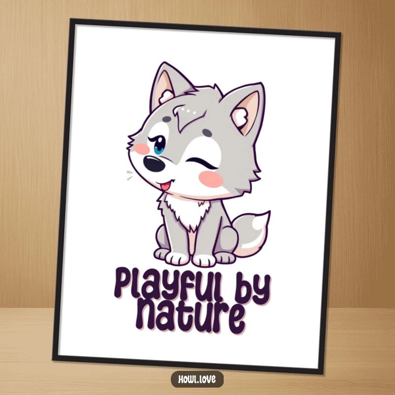 Funny poster depicting a wolf character with playful curves, tilting its head in amusement, creating a humorous and charming wall art piece.