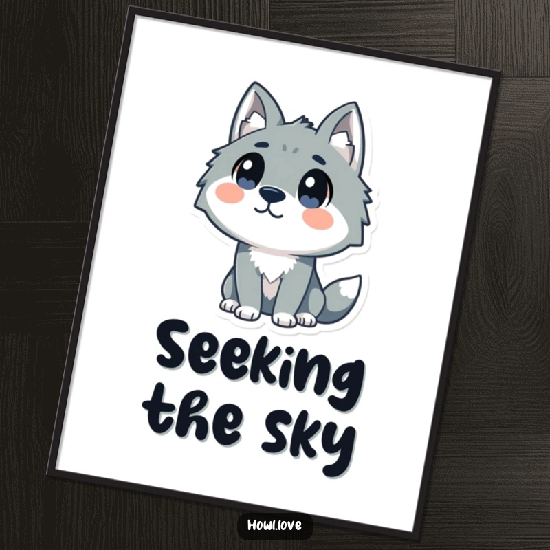 Funny poster depicting a stylized wolf with prominent, curious dot eyes looking upwards, creating a humorous and endearing wall art piece.
