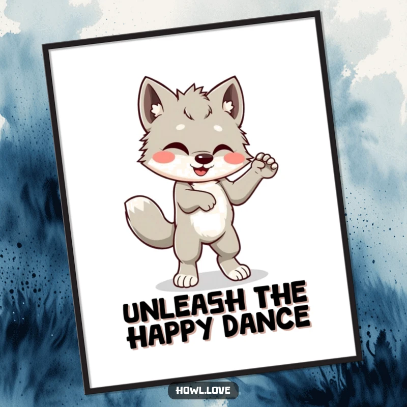 Funny poster artwork of a happy wolf cub cub dancing joyfully with its tail wagging furiously, a dynamic and humorous scene.