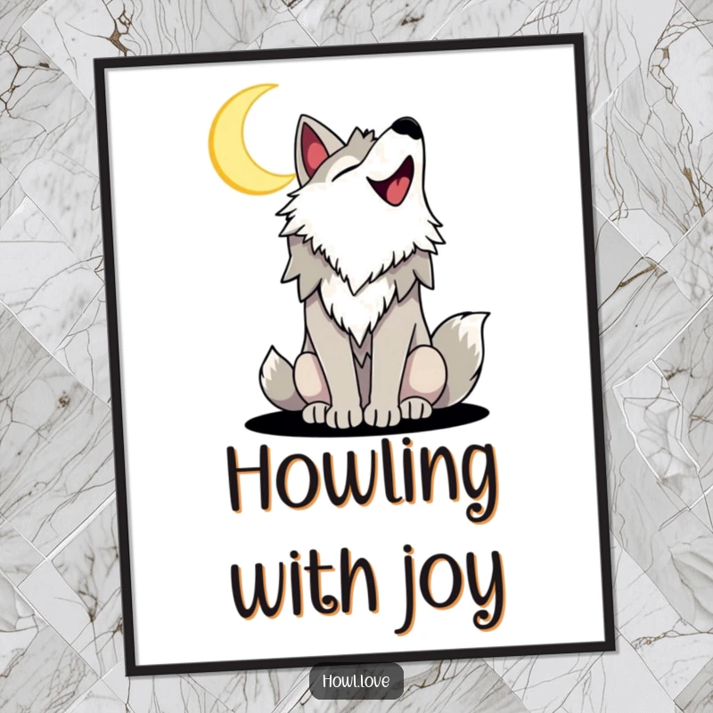 Funny poster depicting a joyful wolf with a wide smile, howling at a crescent moon, creating a humorous and enchanting wall art piece.