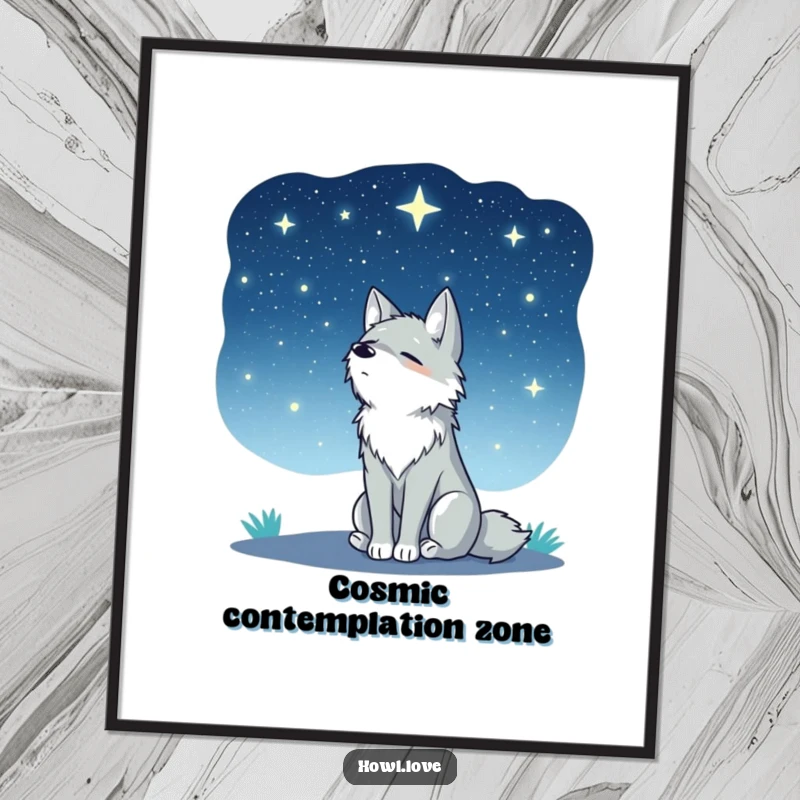 Funny poster art of a lone wolf sitting peacefully, gazing upwards at a breathtakingly beautiful, vast starry night sky. Serene and inspiring.