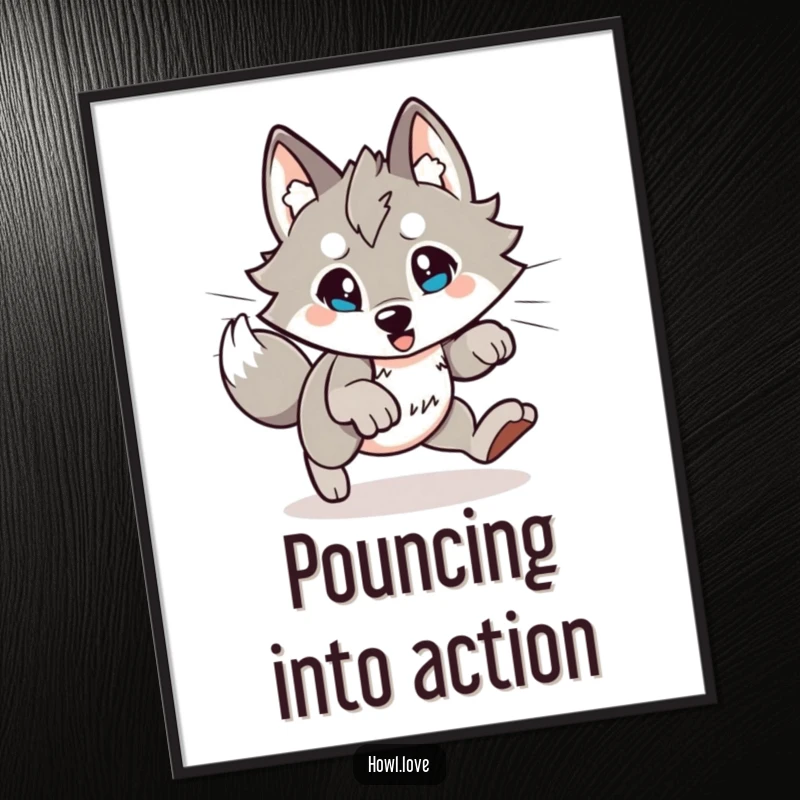 Funny Wolf Poster: Dynamic wall art of an energetic wolf character captured mid-playful pounce, full of action.