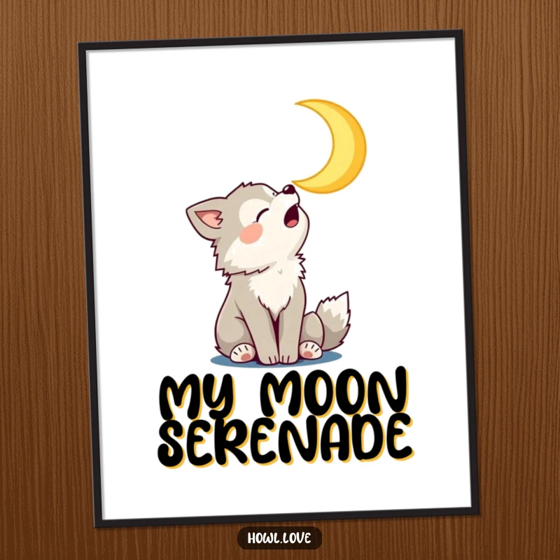 Funny Poster depicting a wolf cub joyfully howling at a smiling crescent moon, perfect for humorous wall art.