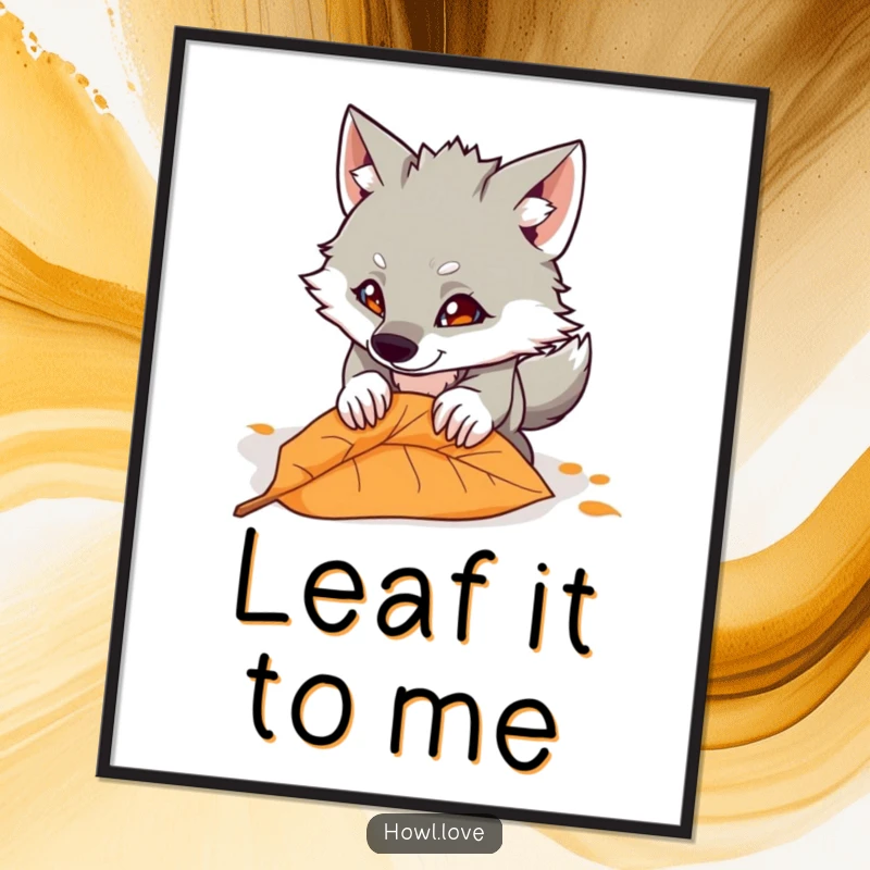 Funny poster art of a mischievous wolf in mid-jump, playfully pouncing towards a large fallen leaf. Vibrant and humorous wall decor.