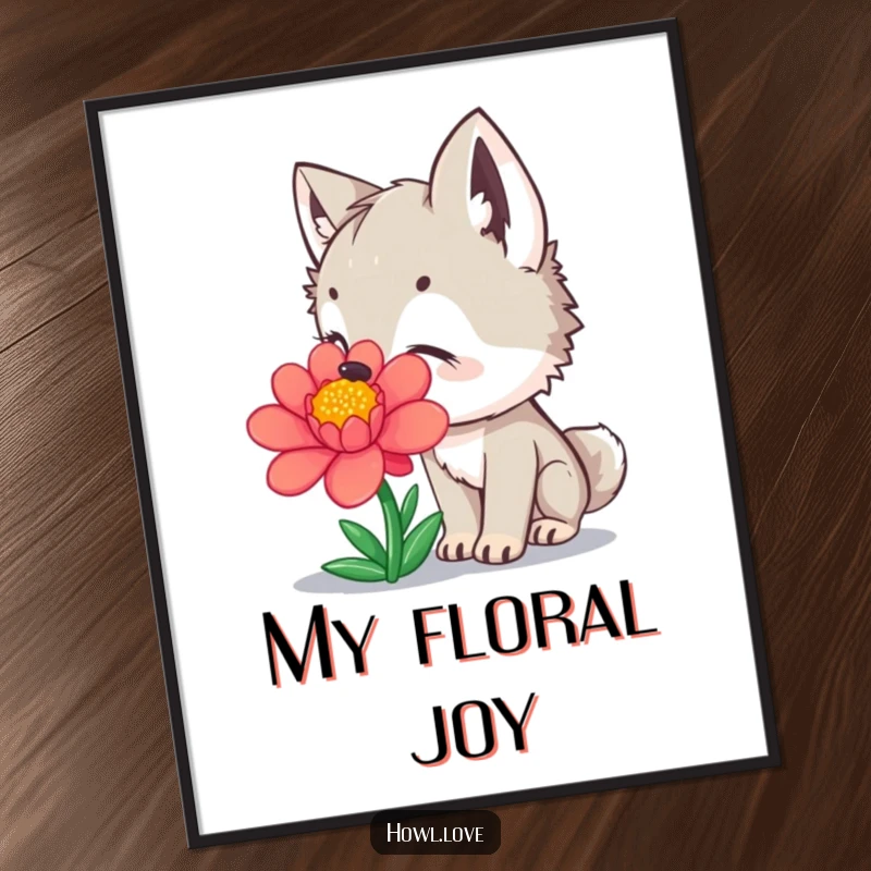 Funny Poster depicting a curious wolf cub sniffing a bright, colorful flower with delight, perfect for humorous wall art.