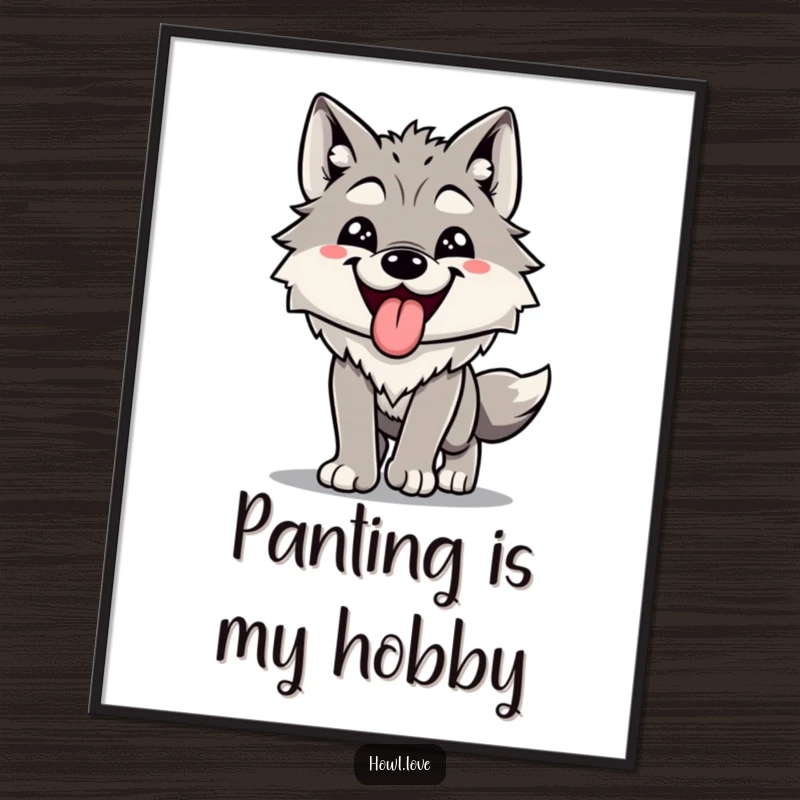 Funny poster art of a wolf with its tongue out, panting happily, symbolizing achievement and the joy of a good run.