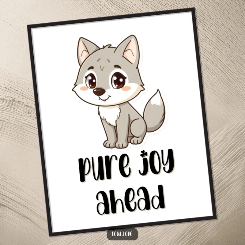 Funny Wolf Poster: Adorable wall art of a happy wolf with large, expressive dot eyes and a joyful wagging tail.