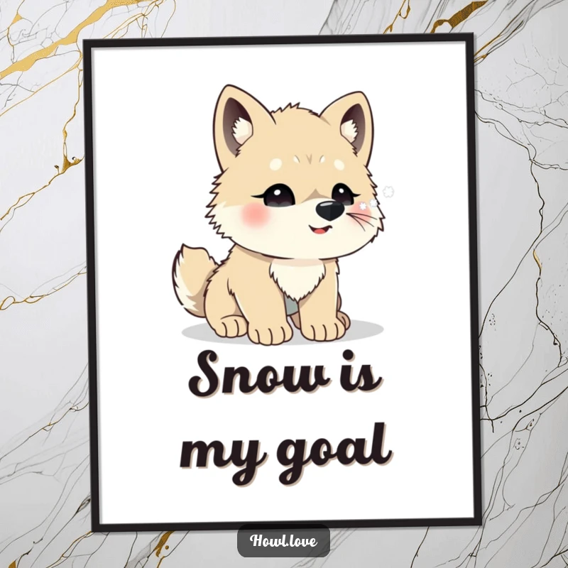 Funny poster art of a fluffy young wolf cub excitedly trying to catch delicate snowflakes directly on its nose. Utterly charming.