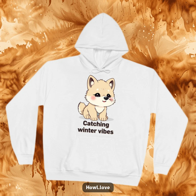 Funny hoodie featuring a cute wolf cub looking up with excitement, trying to catch delicate snowflakes on its tiny nose.