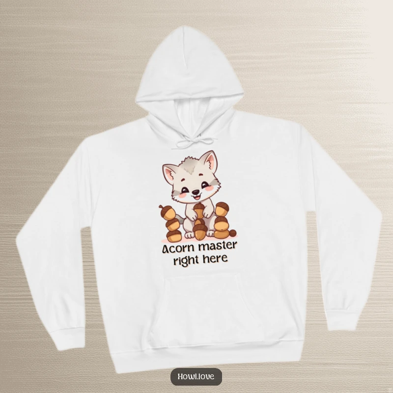 Funny hoodie with a joyful wolf cub cub attempting to balance an impressive stack of acorns, radiating cute and funny vibes.