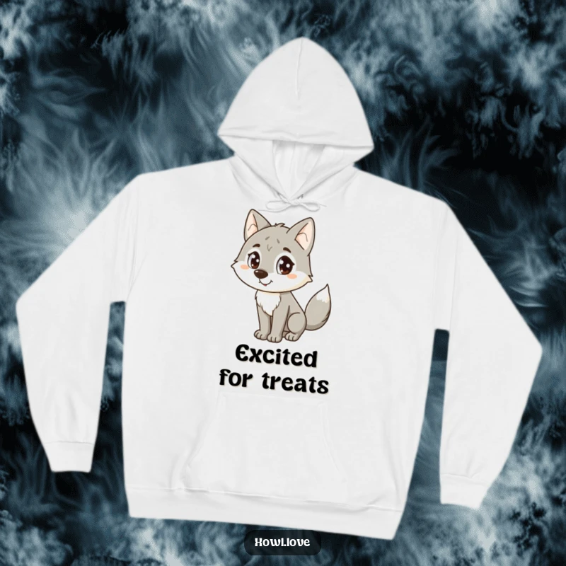 Funny Wolf Hoodie: A warm hoodie showcasing a happy wolf with large dot eyes and a cheerfully wagging tail.