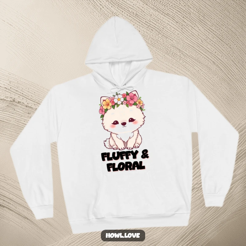 Funny hoodie depicting a fluffy wolf adorned with a colorful flower crown, looking utterly content and peaceful. Cozy boho style.