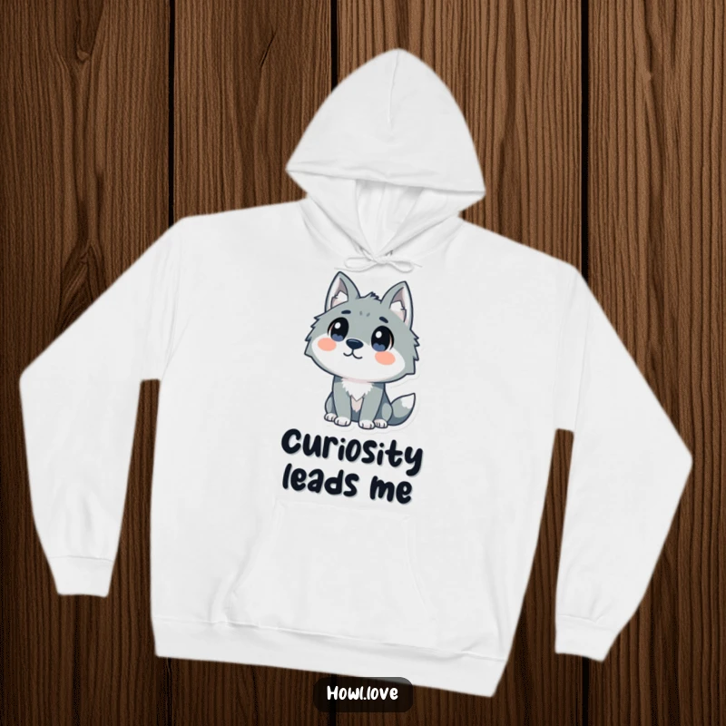 Funny hoodie showcasing a stylized wolf with large, curious dot eyes looking up, offering humorous warmth and delightful charm.