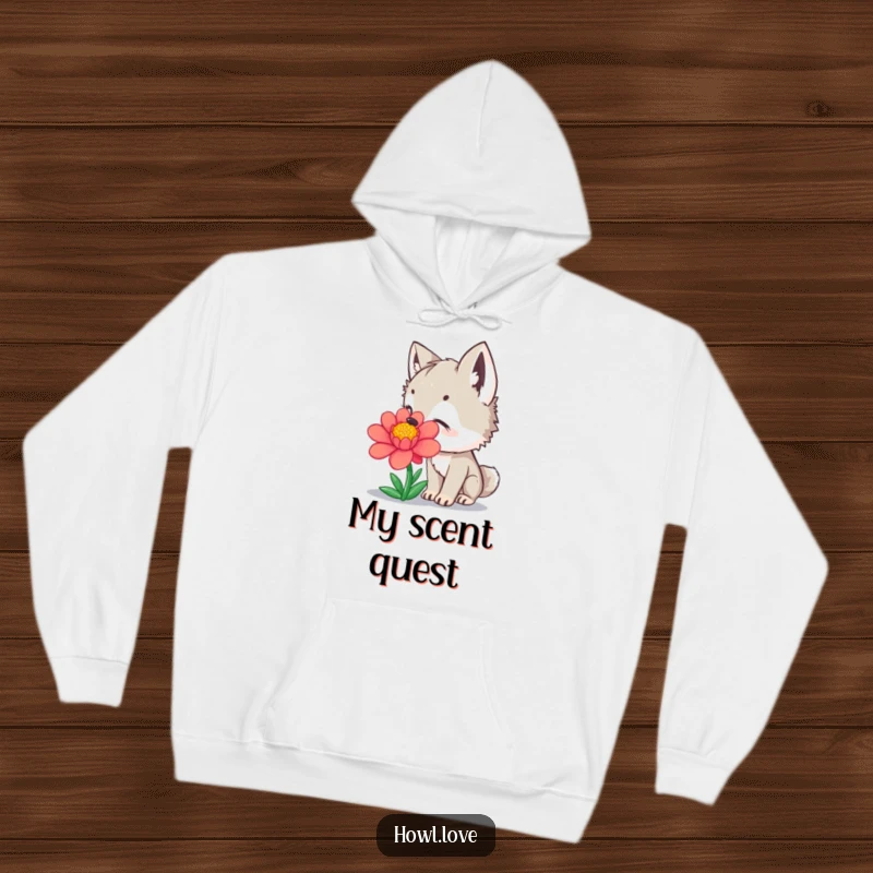 Funny Hoodie showing a curious wolf cub sniffing a colorful flower, offering cozy comfort and hilarious nature charm.