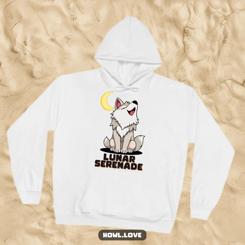 Funny hoodie featuring a joyful wolf with a wide smile, howling at a crescent moon, offering humorous warmth and enchanting nighttime vibes.