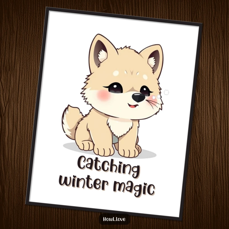 Funny Free Printable Wall Art: An adorable wolf cub excitedly trying to catch snowflakes on its nose, capturing winter's magic.