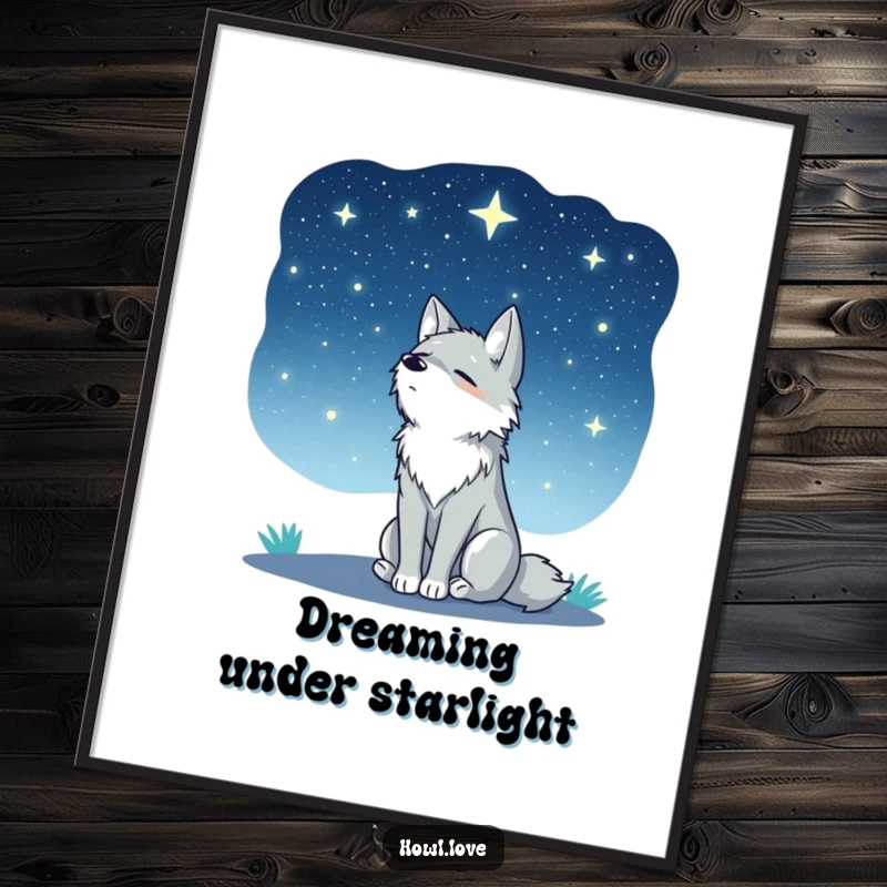 Funny Free Printable Wall Art: A wolf sitting peacefully, gazing thoughtfully at a vast, beautiful, and starry night sky.