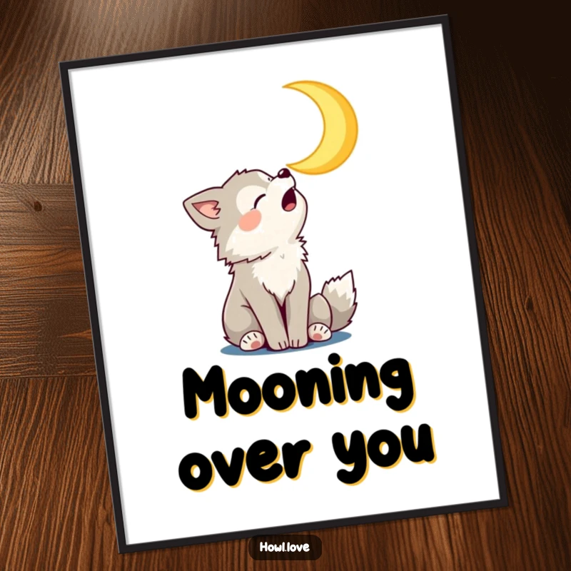 Funny Free Printable Wall Art: A playful wolf cub joyfully howling at a smiling crescent moon under a starry sky.