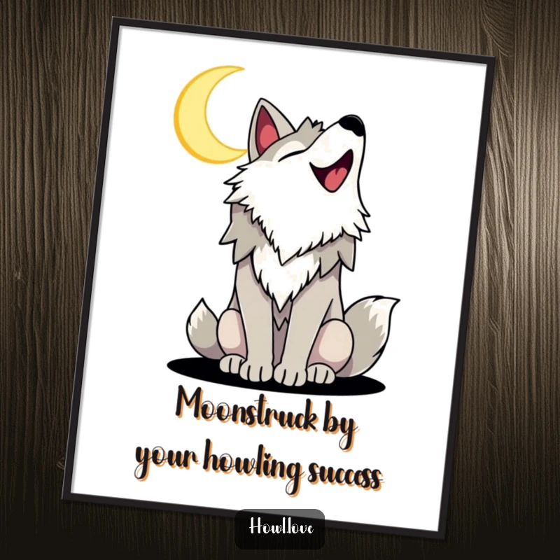 Free Printable Wall Art featuring a joyful wolf with a huge, happy smile howling up at a beautiful crescent moon, evoking wild joy.
