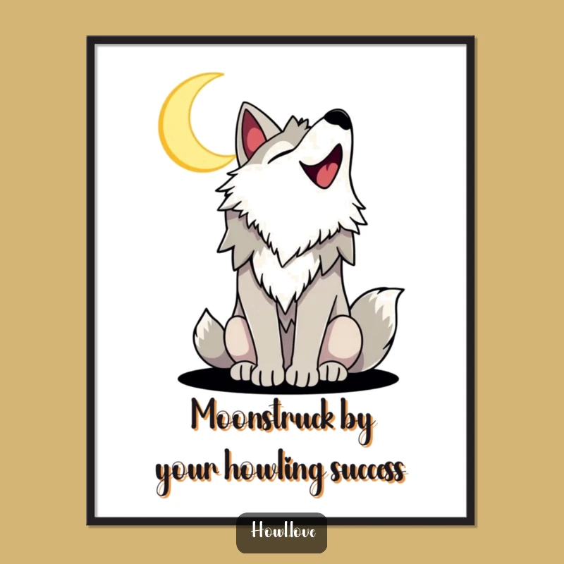 Funny Free Printable Wall Art: Joyful Howling Wolf Under Crescent Moon for Whimsical Decor