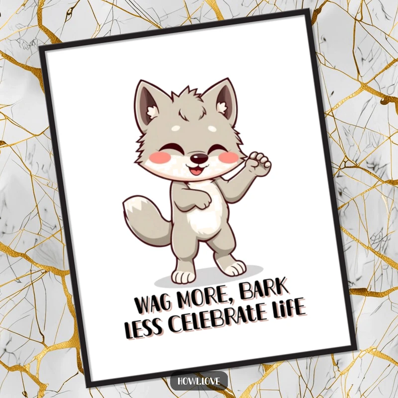 Funny Free Printable Wall Art of a jubilant wolf cub lost in a silly, energetic dance with a furiously wagging tail.
