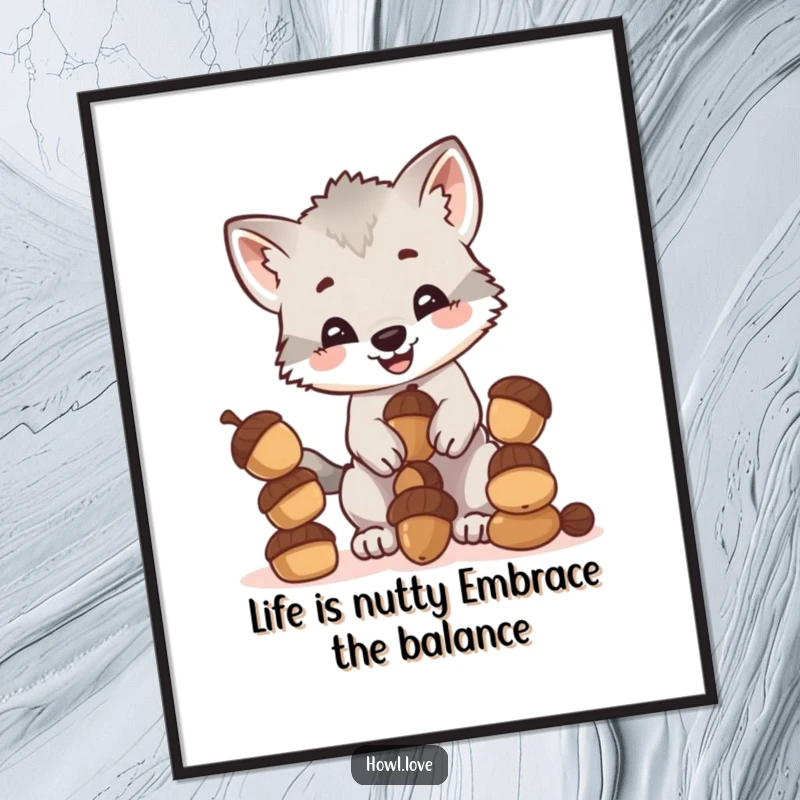 Funny Free Printable Wall Art of a cute wolf cub hilariously attempting to balance a precarious stack of acorns.