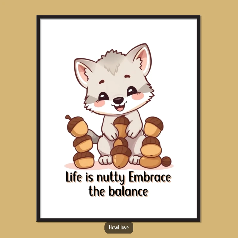 Funny Free Printable Wall Art: Wolf Cub Acorn Balance - Quirky Downloadable Home Decor