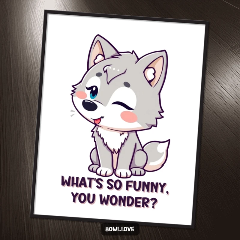 Free Printable Wall Art featuring a wolf character with distinctive, playful curves, head tilted in amusement, creating a whimsical scene.