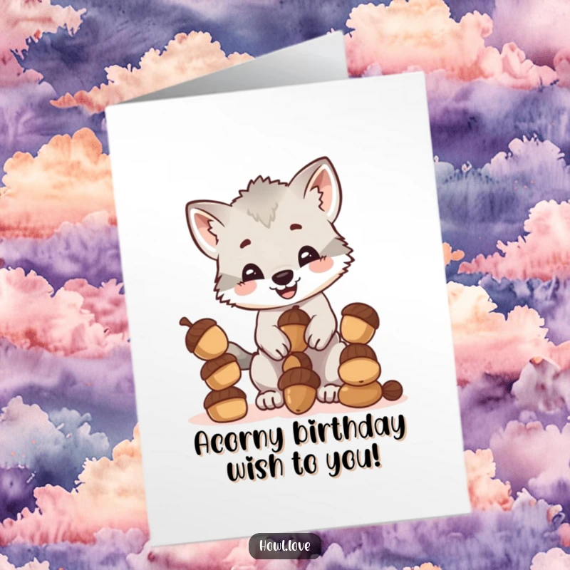 Funny Free Printable Birthday Card featuring a happy wolf cub struggling to balance a precariously stacked tower of acorns.