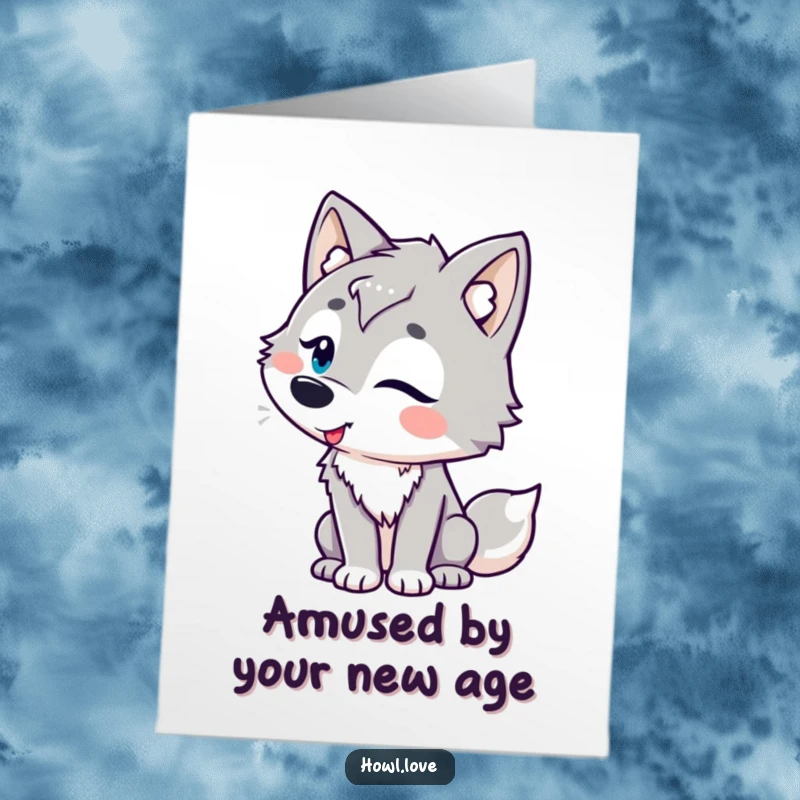 Funny Free Printable Birthday Card, a wolf character with playful curves tilting its head, showing amusement, perfect for a joyful birthday.