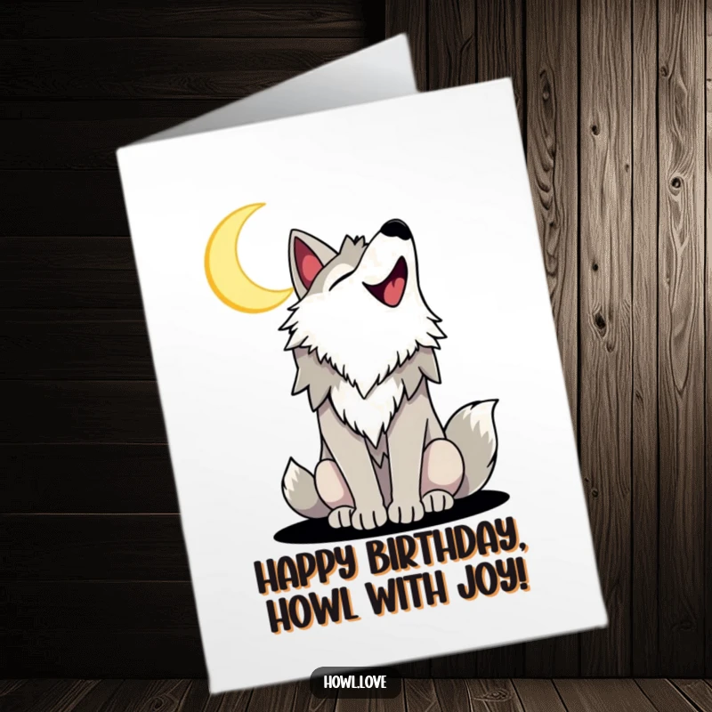 Funny Free Printable Birthday Card, a joyful wolf with a wide, happy smile howling ecstatically at a sliver of crescent moon.